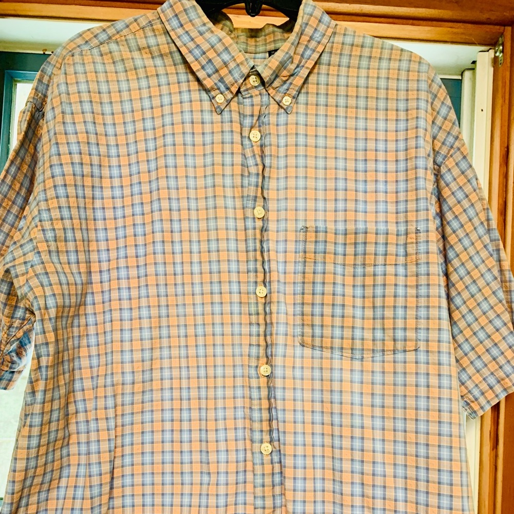 Izod jeans short-sleeve button down shirt orange blue checkered…